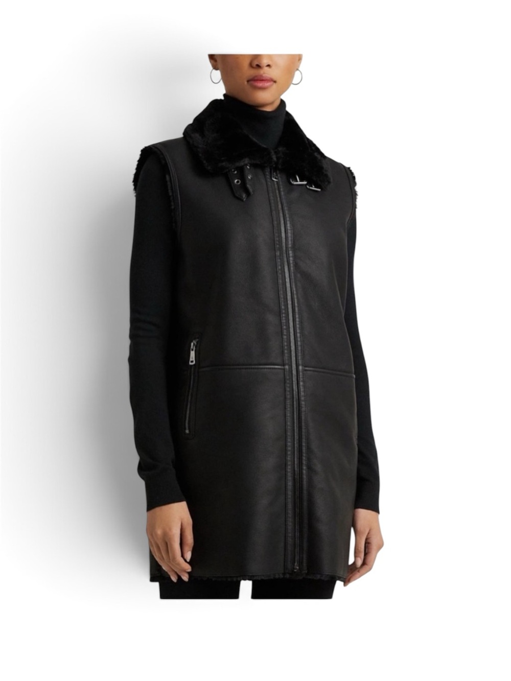 Ralph Lauren Black Faux-Shearling Leather Vest with Zip Pockets size small